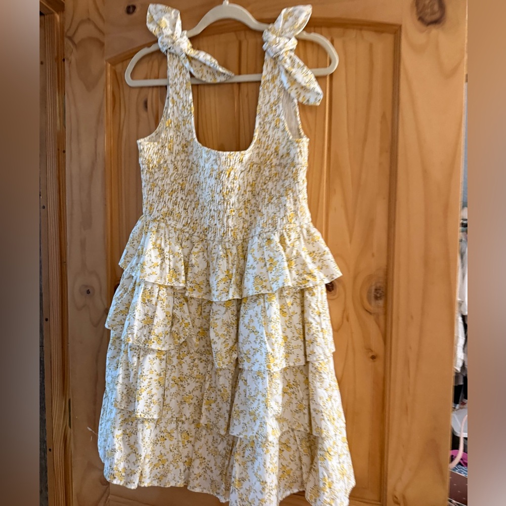 Altar'd State White and Yellow Floral Tiered Tie-Shoulder Dress